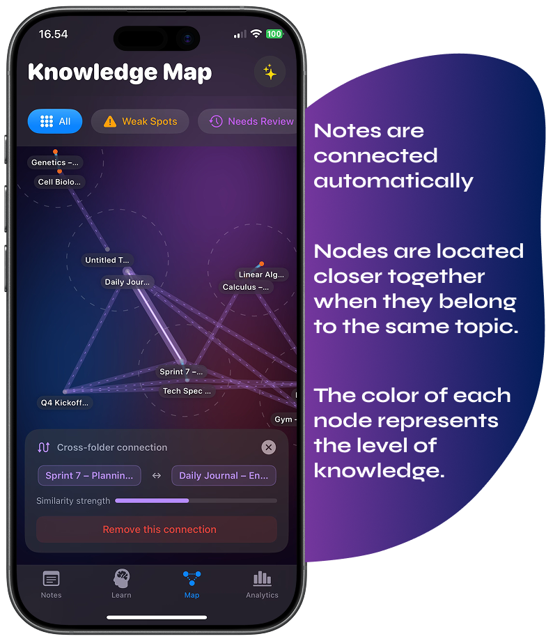 Wisen automatically connects your notes and brings related notes together. Colors of each node represents the level of knowledge